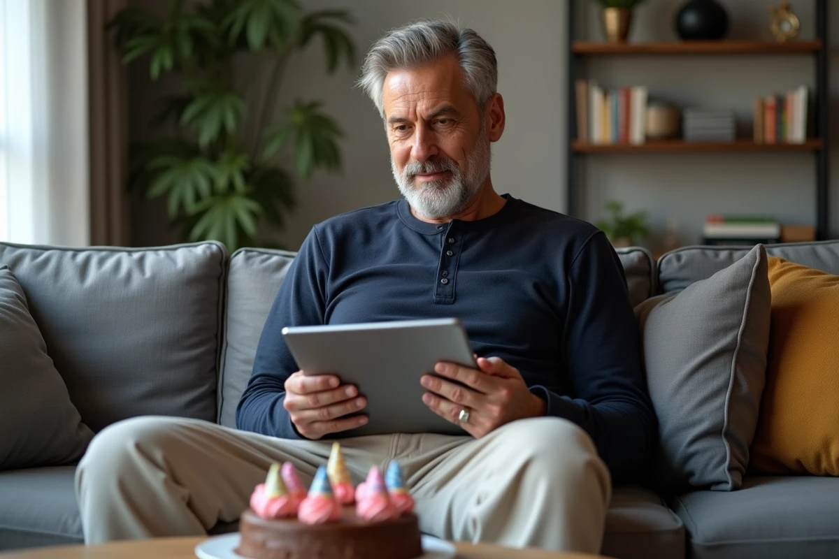 Homme souriant tenant une tablette affichant un GIF anniversaire festif dans un salon moderne avec g&acirc;teau