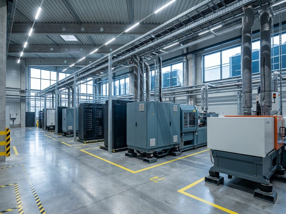 Vue int&eacute;rieure d'une installation industrielle avec machines lourdes et circuit de refroidissement connect&eacute; &agrave; un dry cooler externe via des tuyaux isol&eacute;s au plafond