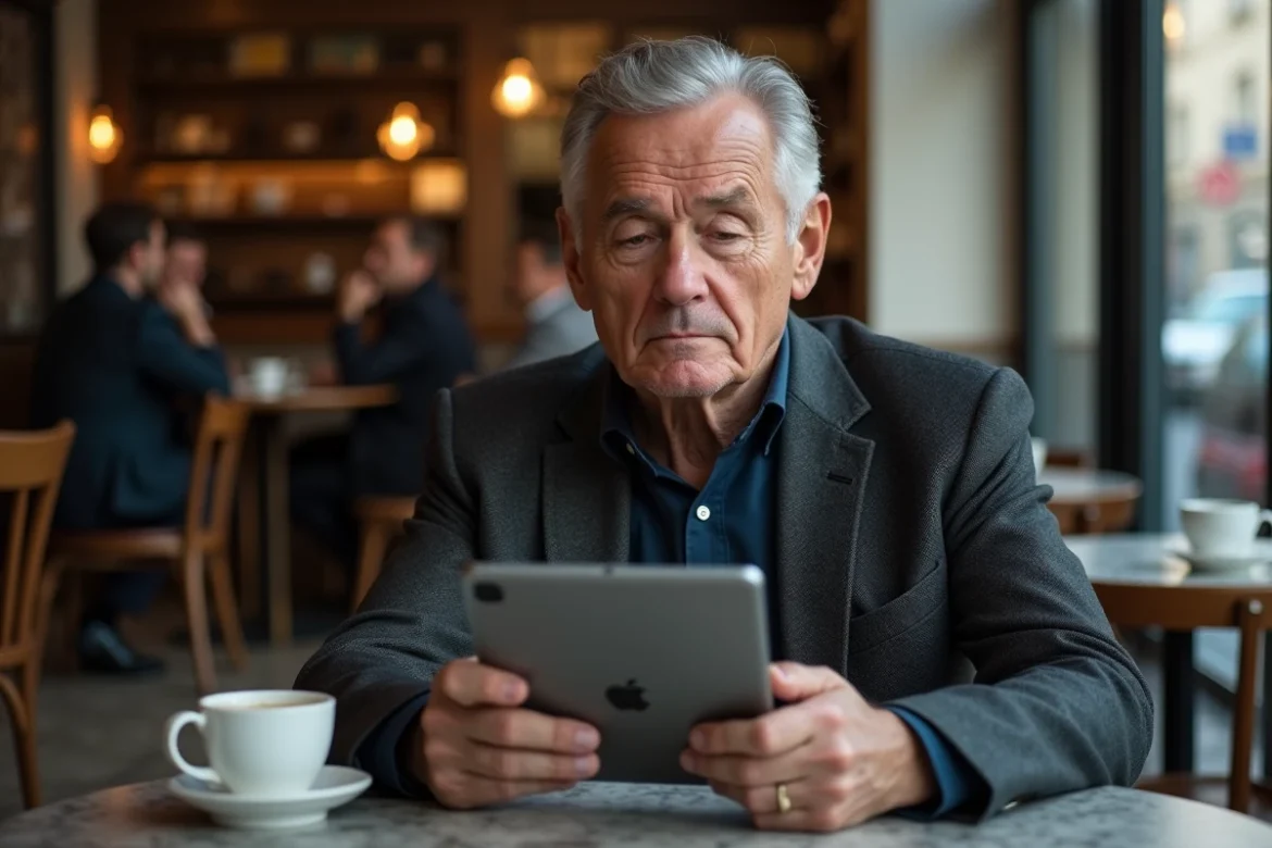 Homme en costume lisant une biographie Wikipedia sur tablette dans un caf&eacute; parisien, s'interrogeant sur les informations publi&eacute;es sur Olivier Benkemoun