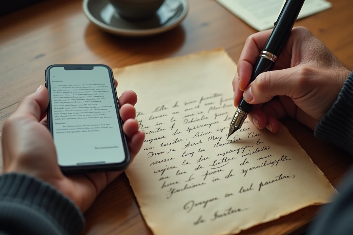 Gros plan de mains &eacute;crivant une lettre napol&eacute;onienne &agrave; la plume avec un g&eacute;n&eacute;rateur de courrier affich&eacute; sur un smartphone