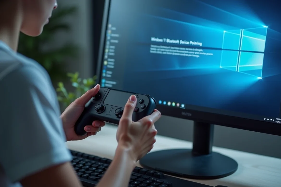 Mains tenant une manette Joy-Con Switch devant un &eacute;cran PC Windows 11 affichant le menu d'appairage Bluetooth