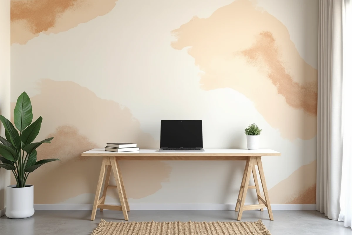 Bureau &agrave; domicile avec papier peint beige &agrave; motifs abstraits et d&eacute;coration minimaliste