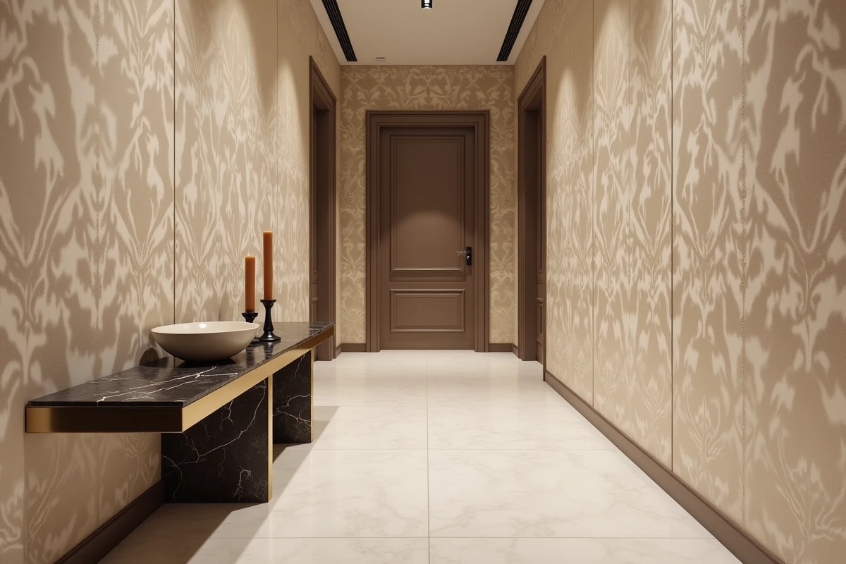 Couloir d&eacute;cor&eacute; avec papier peint beige &agrave; motifs damass&eacute;s et console en laiton bross&eacute;