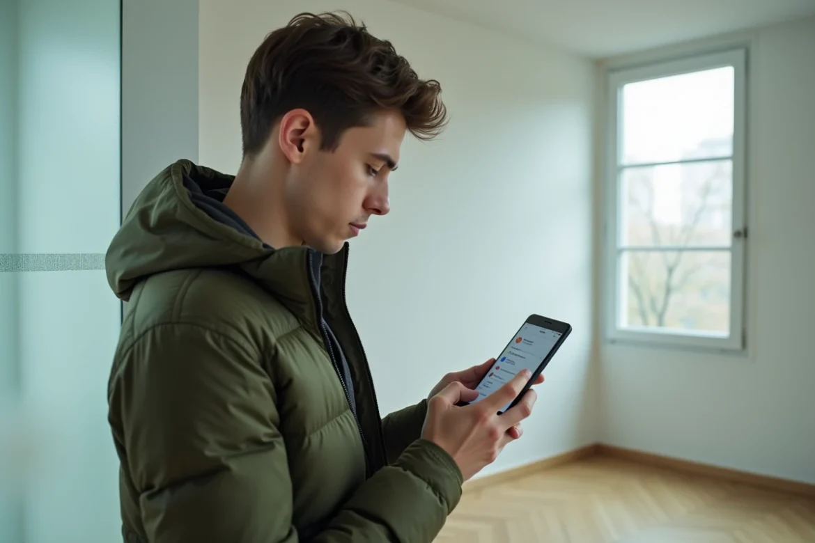 Personne consultant les param&egrave;tres d'historique Chrome sur smartphone dans un appartement minimaliste