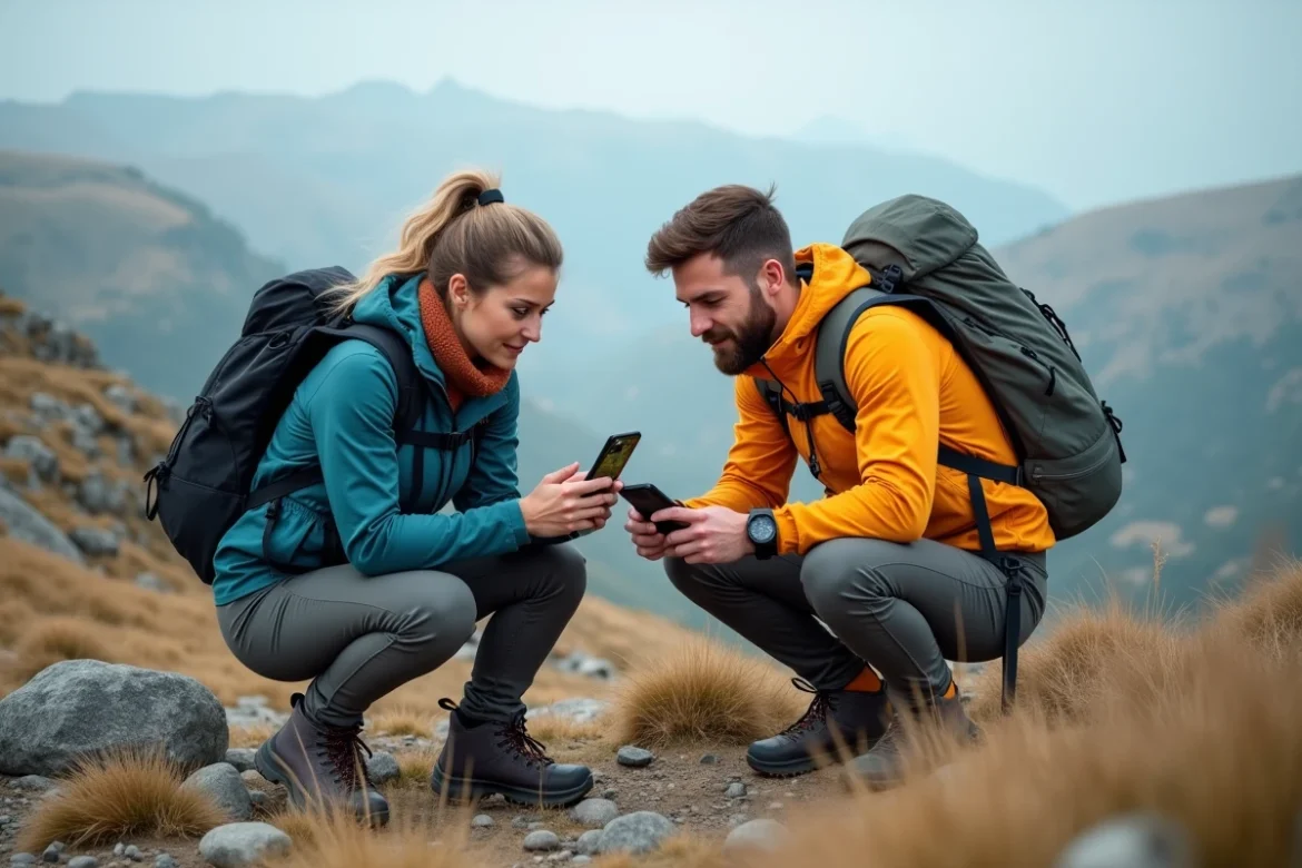 Deux randonneurs consultant un fichier GPX partag&eacute; sur smartphone avec vue satellite au sommet d'une colline