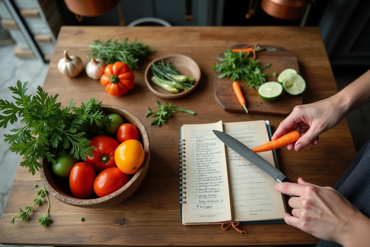 Pr&eacute;paration d'une recette maison avec l&eacute;gumes frais, planche &agrave; d&eacute;couper et carnet de recettes sur une table en bois rustique