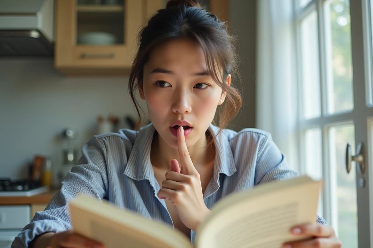 Femme exprimant simultan&eacute;ment surprise et reconnaissance en relisant un livre, illustrant le paradoxe du twist r&eacute;ussi