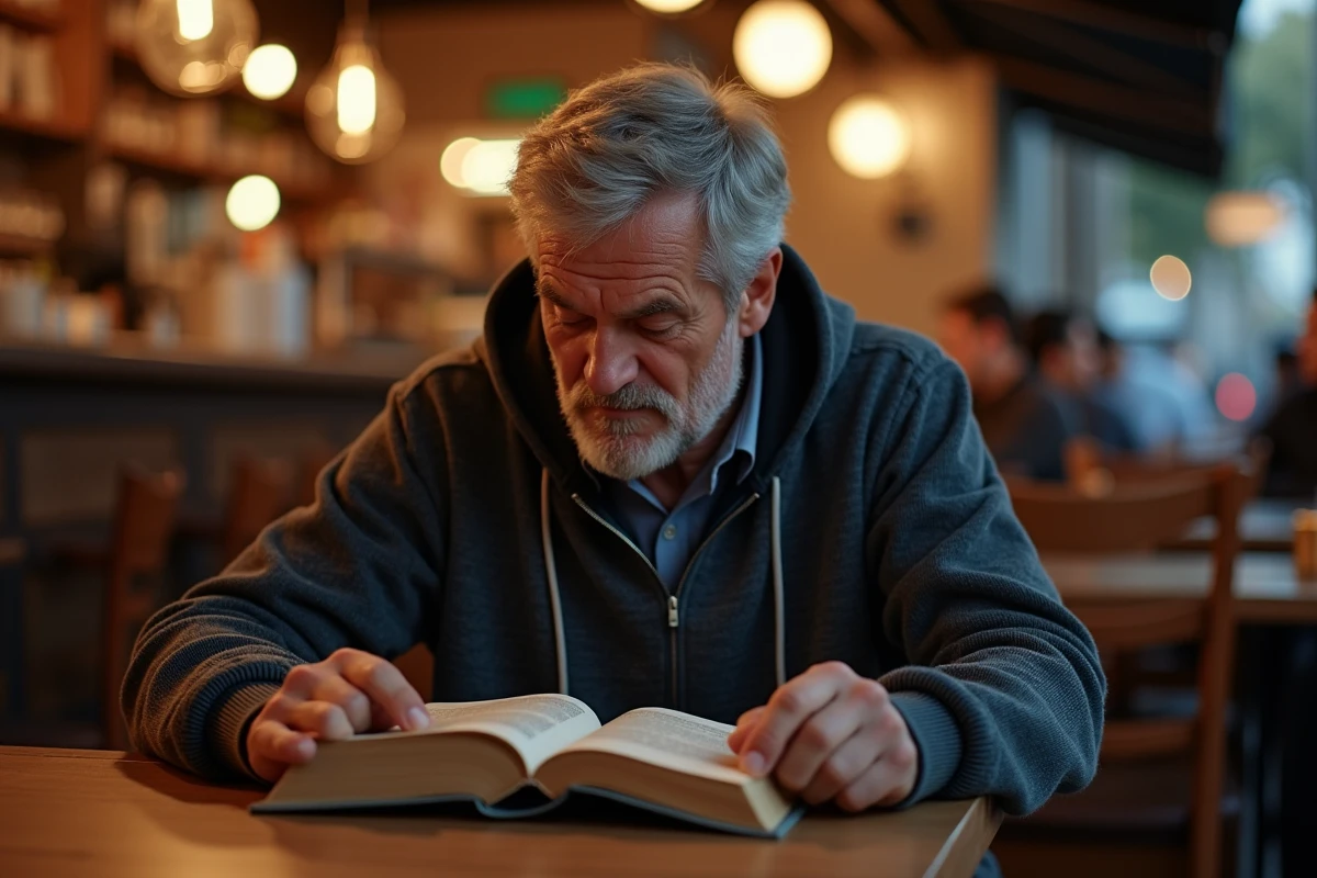 Homme lisant un roman avec tension dans un caf&eacute; au cr&eacute;puscule, illustrant le timing narratif d'un twist