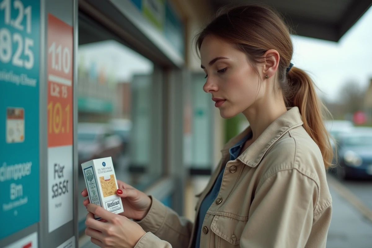 Femme examinant une cartouche de cigarettes Winston &agrave; un kiosque frontalier au Luxembourg en &eacute;valuant le prix