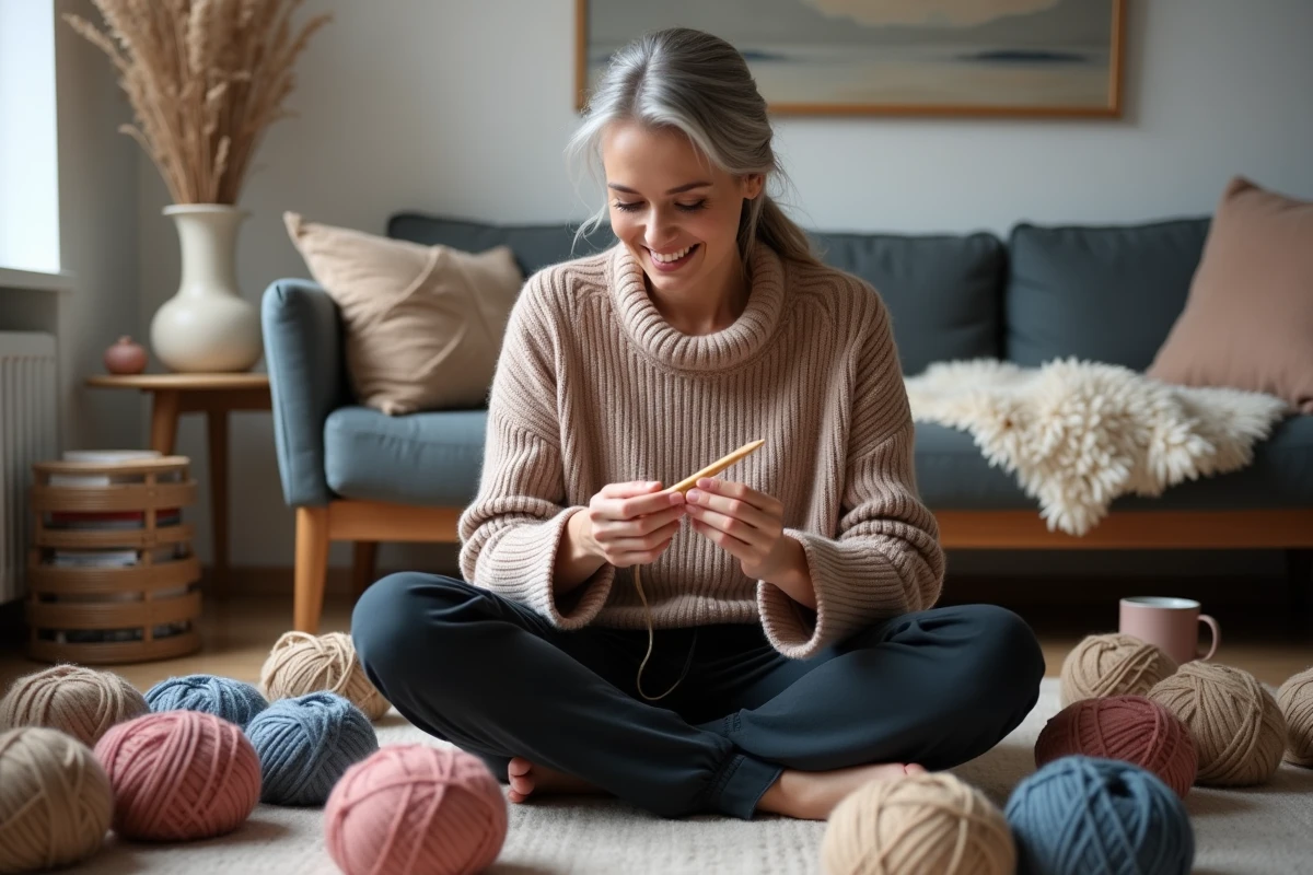 Femme adulte tricotant dans un salon cosy comme activit&eacute; cr&eacute;ative et relaxante en soir&eacute;e apr&egrave;s le travail