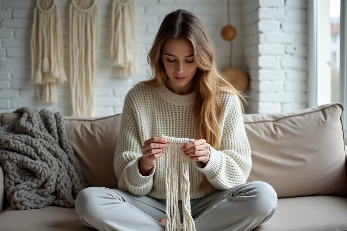 Jeune femme adulte pratiquant le macramé chez elle sur un canapé, activité créative artisanale à petit budget