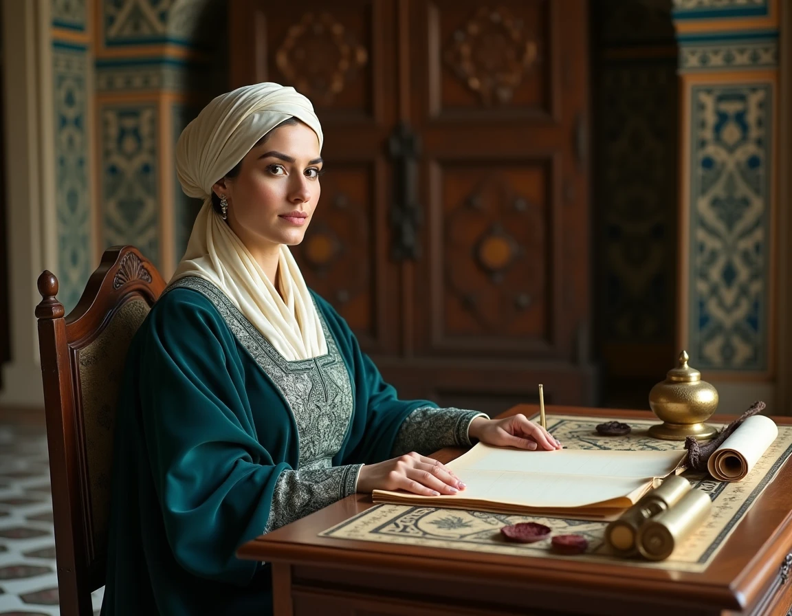 Actrice turque en robe de velours ottoman du XVe siècle assise dans une chambre de scribe avec parchemins et encriers en laiton