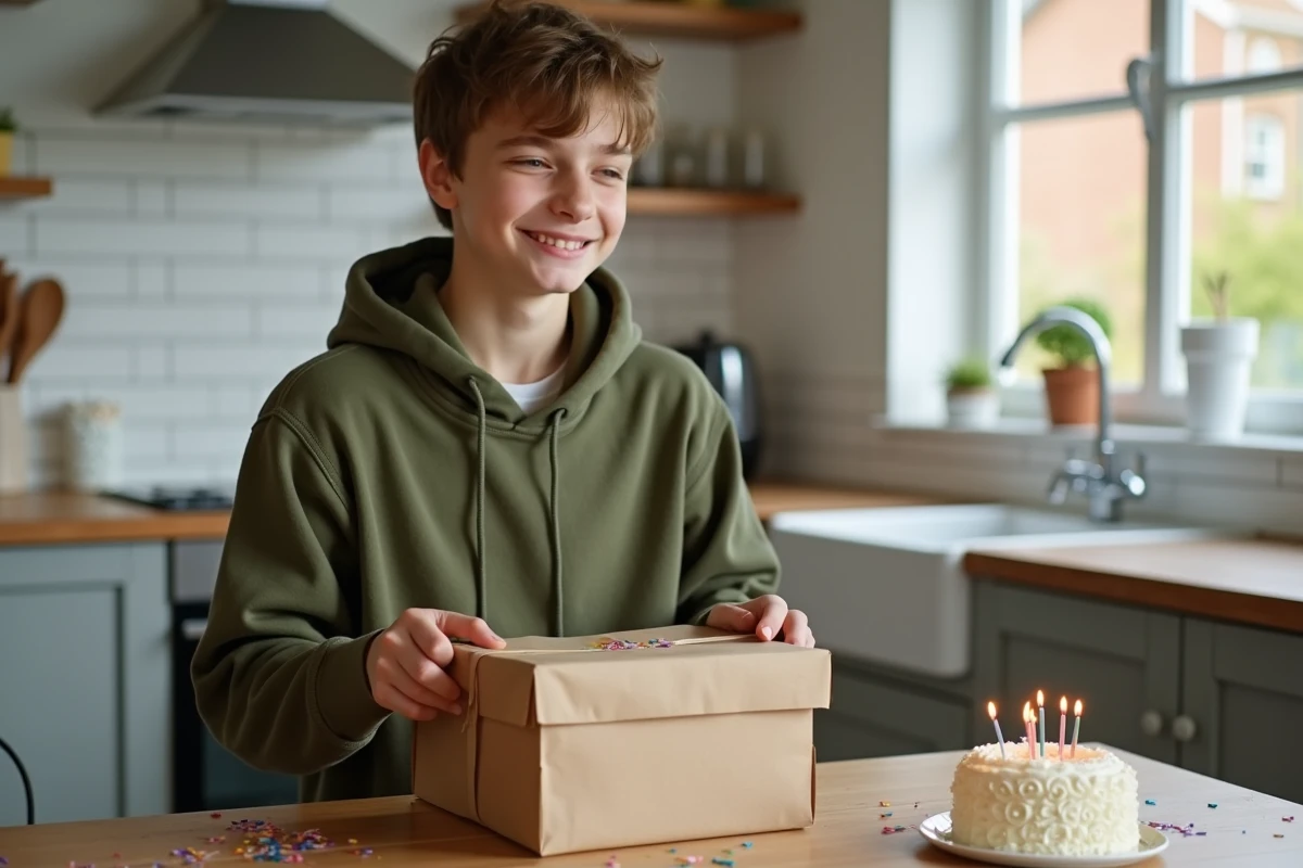 Adolescent de 16 ans qui déballe un cadeau d'anniversaire à la table de la cuisine
