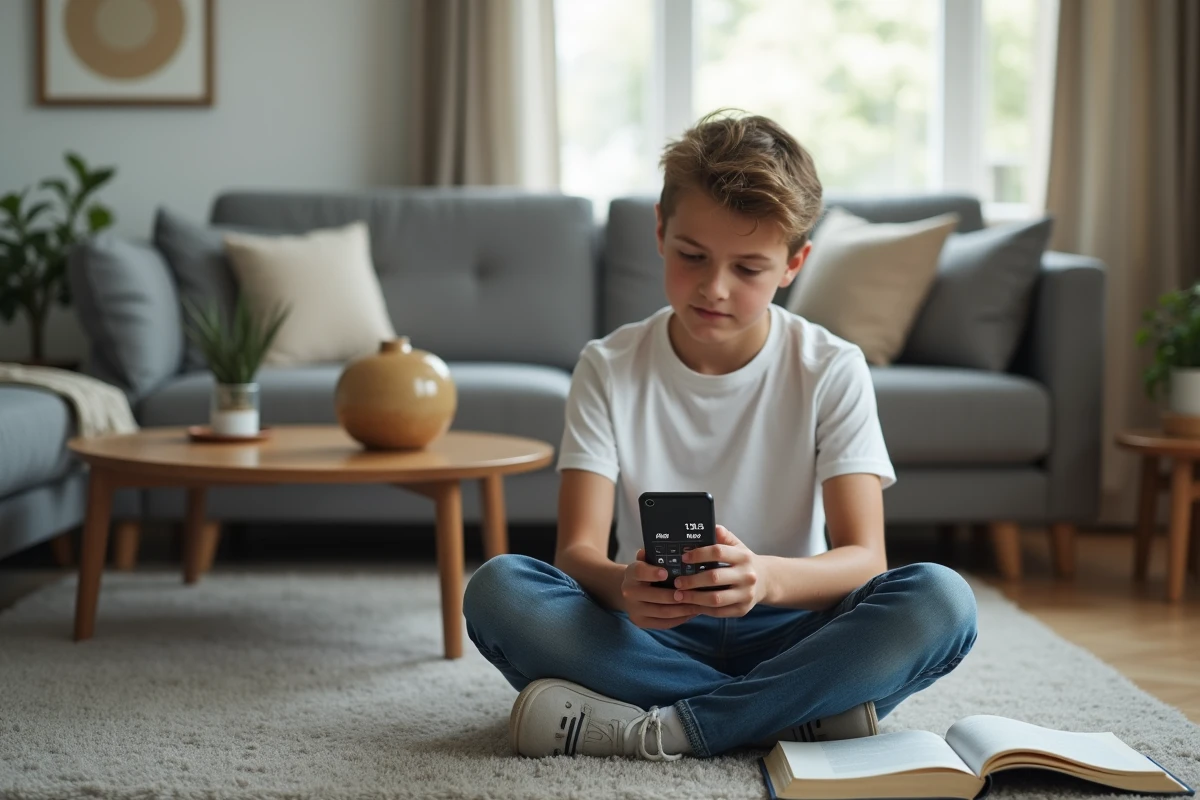 Adolescent utilisant une application de conversion kilomètre en miles sur smartphone pour ses devoirs de mathématiques