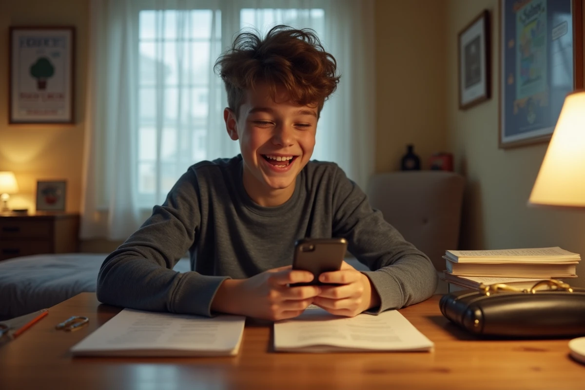 Adolescent souriant en train de lire une blague d&eacute;bile sur son t&eacute;l&eacute;phone pendant ses devoirs