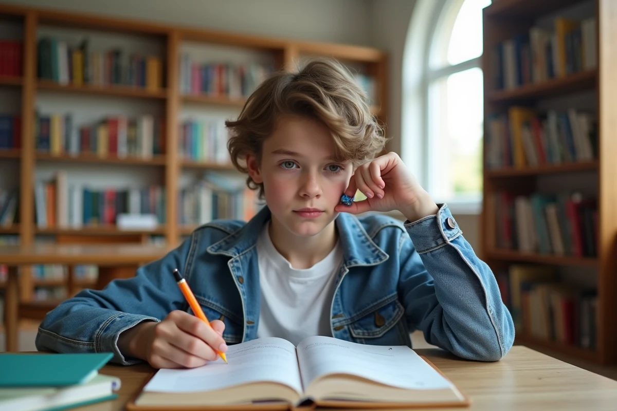 Adolescent concentr&eacute; sur un exercice de grammaire fran&ccedil;aise dans une biblioth&egrave;que scolaire