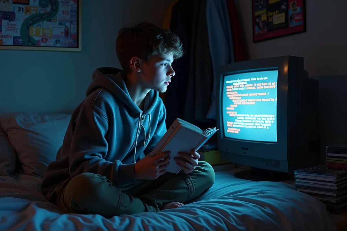 Adolescent introspectif assis sur son lit en train de prendre des notes devant son &eacute;cran d'ordinateur affichant son Skyblog personnalis&eacute;