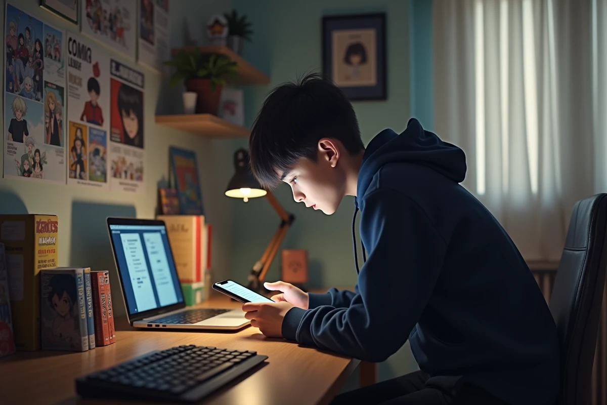 Adolescent consultant une application de lecture de manga sur smartphone dans sa chambre d'étudiant