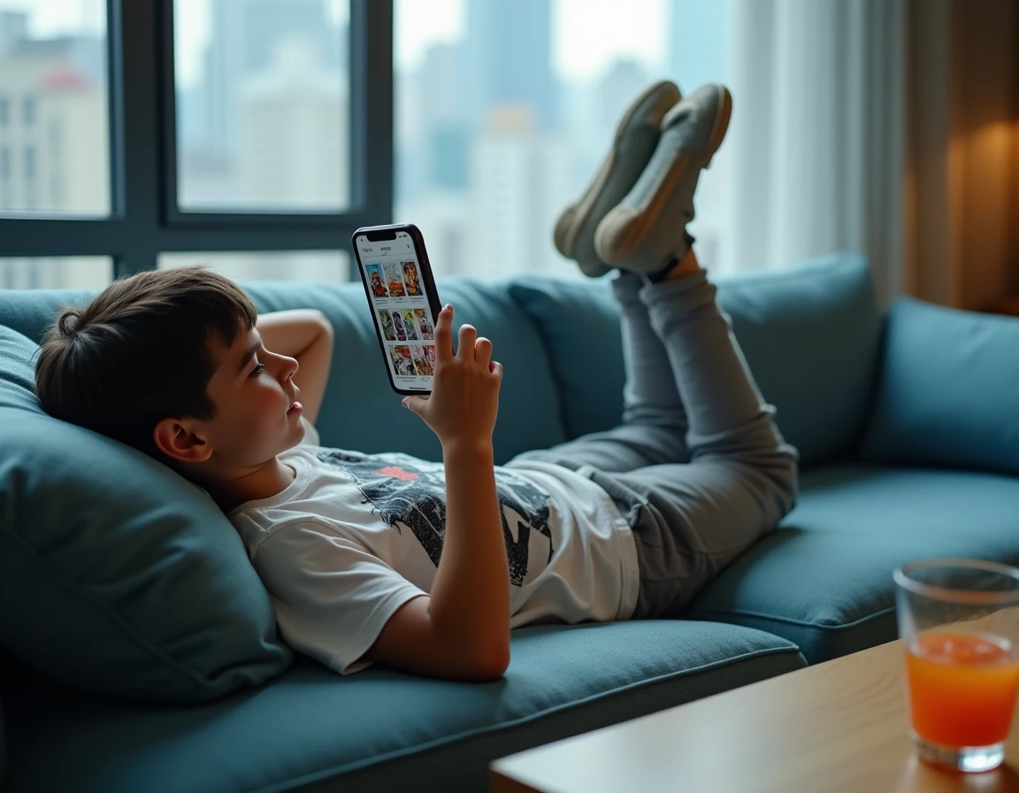 Adolescent allong&eacute; sur un canap&eacute; lisant des mangas sur smartphone dans un salon cosy avec vue sur la ville