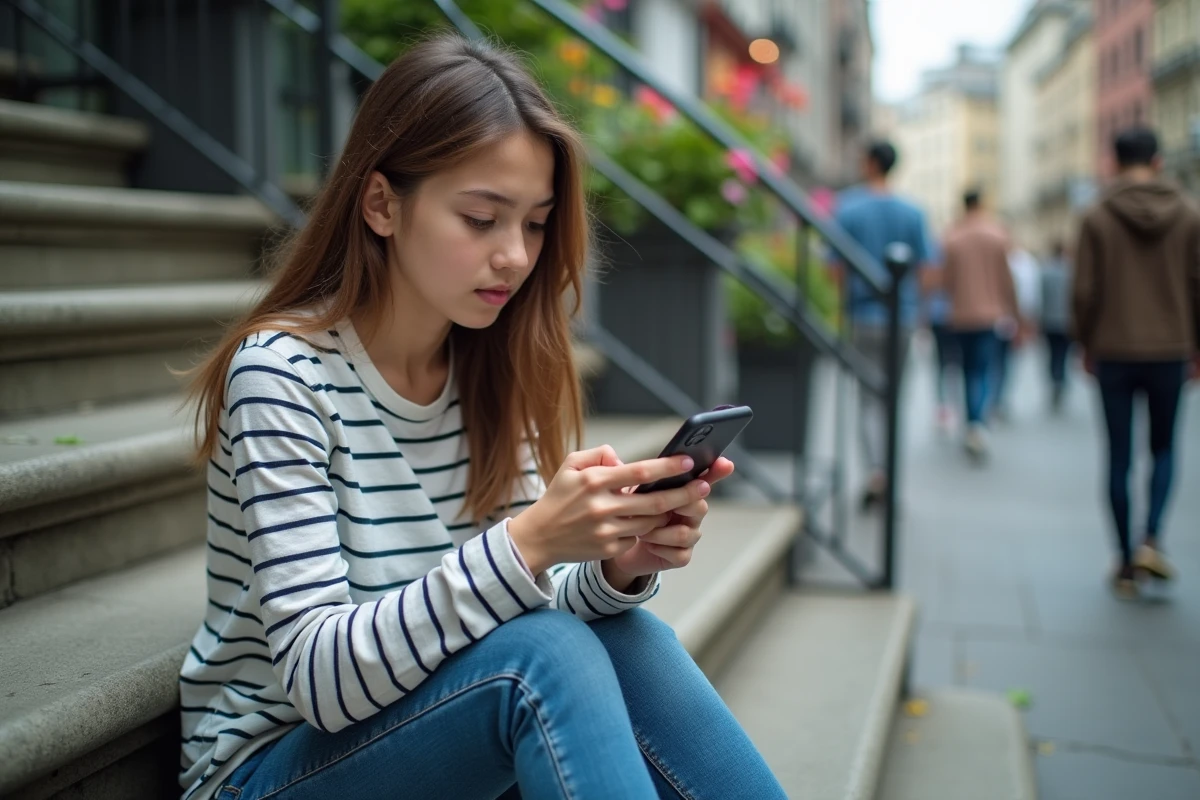 Adolescente utilisant Buzzmax sur son t&eacute;l&eacute;phone dans un environnement urbain ext&eacute;rieur