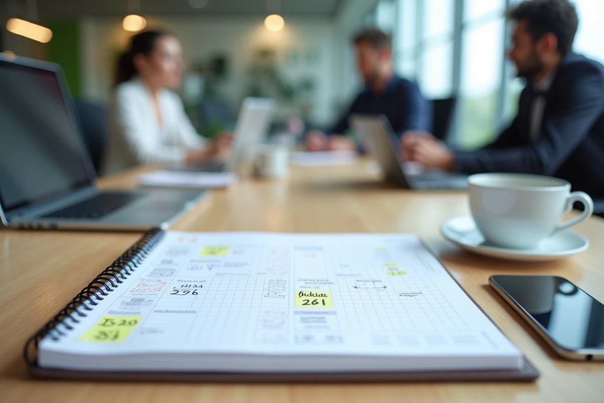 Agenda de bureau 2026 ouvert avec jours fériés surlignés dans un environnement de travail professionnel
