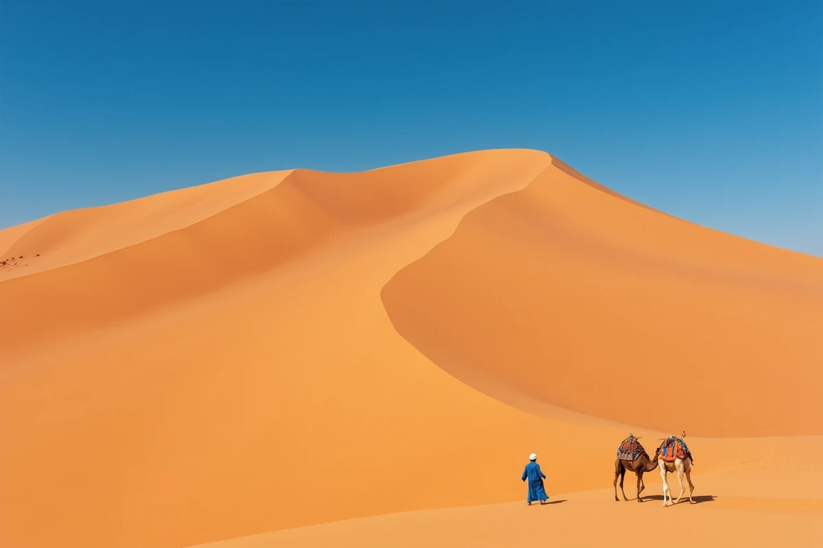Immenses dunes de sable orange du Sahara algérien avec un chameau illustrant l'Algérie comme plus grand pays d'Afrique