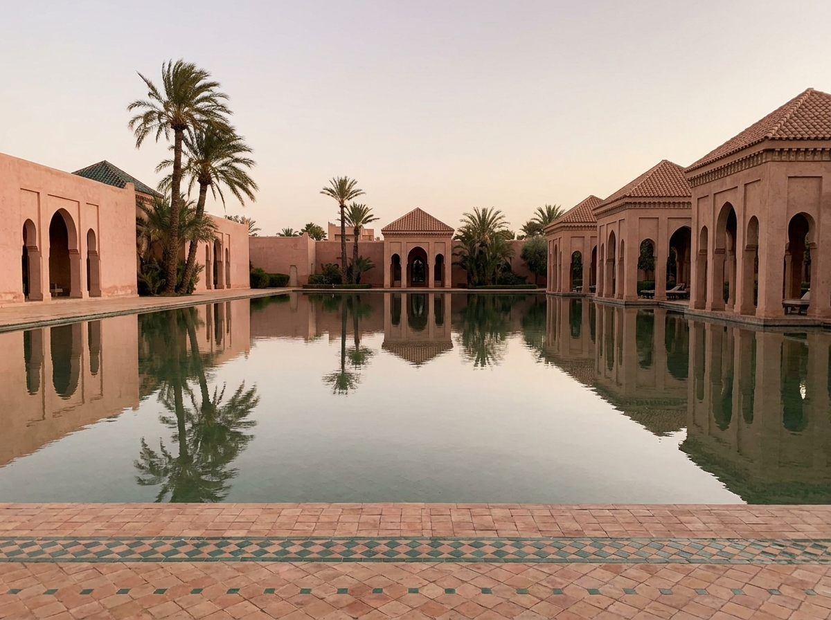Bassin de reflet serein à l'Amanjena Resort de Marrakech entouré de pavillons mauresques et de murs en pisé rose typiques de l'architecture aman