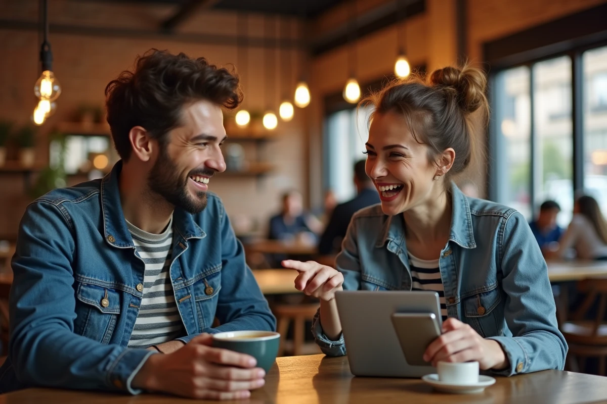 Deux amis geeks dans un caf&eacute; discutant de jeux vid&eacute;o et s&eacute;ries en consultant un blog sur leurs appareils num&eacute;riques