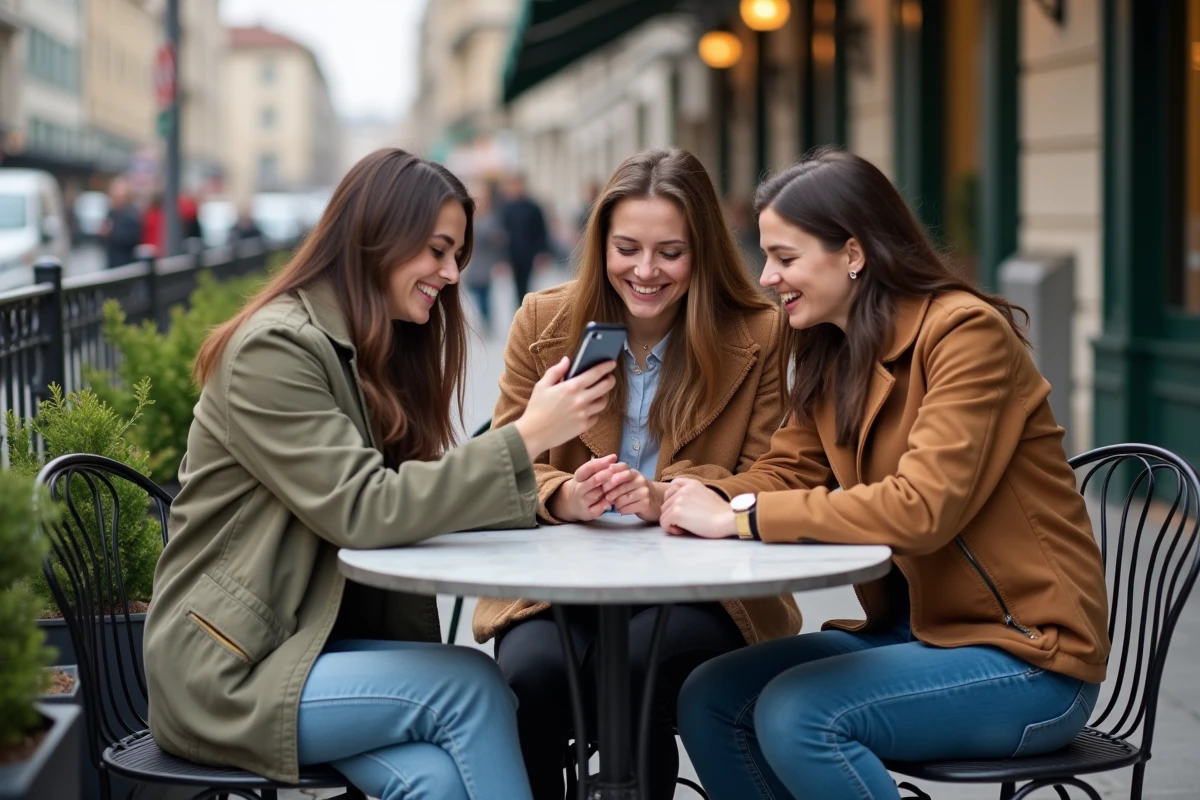 Groupe d'amis autour d'un caf&eacute; r&eacute;agissant &agrave; un m&egrave;me du lapin d'Alice au Pays des Merveilles sur smartphone, culture internet en 2026