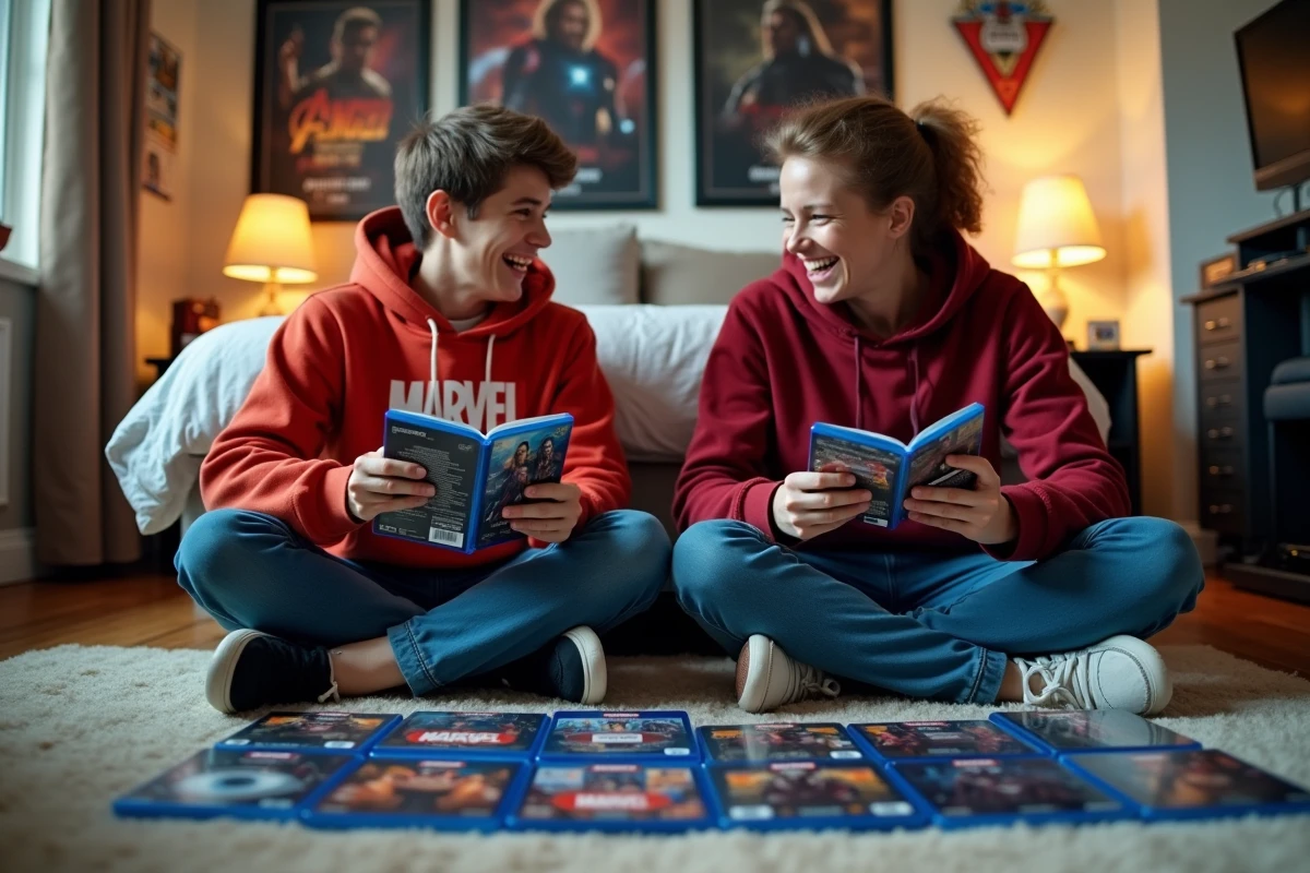 Deux amis comparant les bo&icirc;tiers Blu-ray des films Spider-Man Tom Holland pour d&eacute;cider de l'ordre de visionnage id&eacute;al