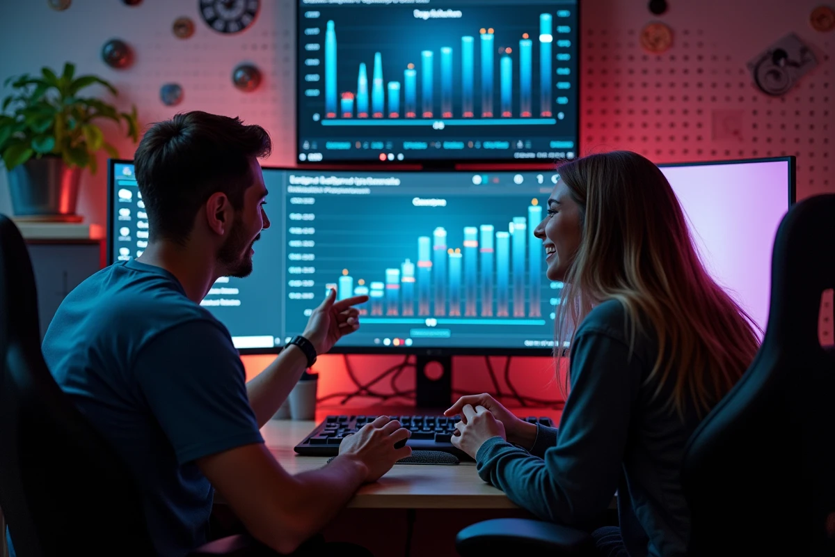 Deux amis gamers comparant leur historique de saisons League of Legends et leur temps de jeu total devant un écran ultrawide