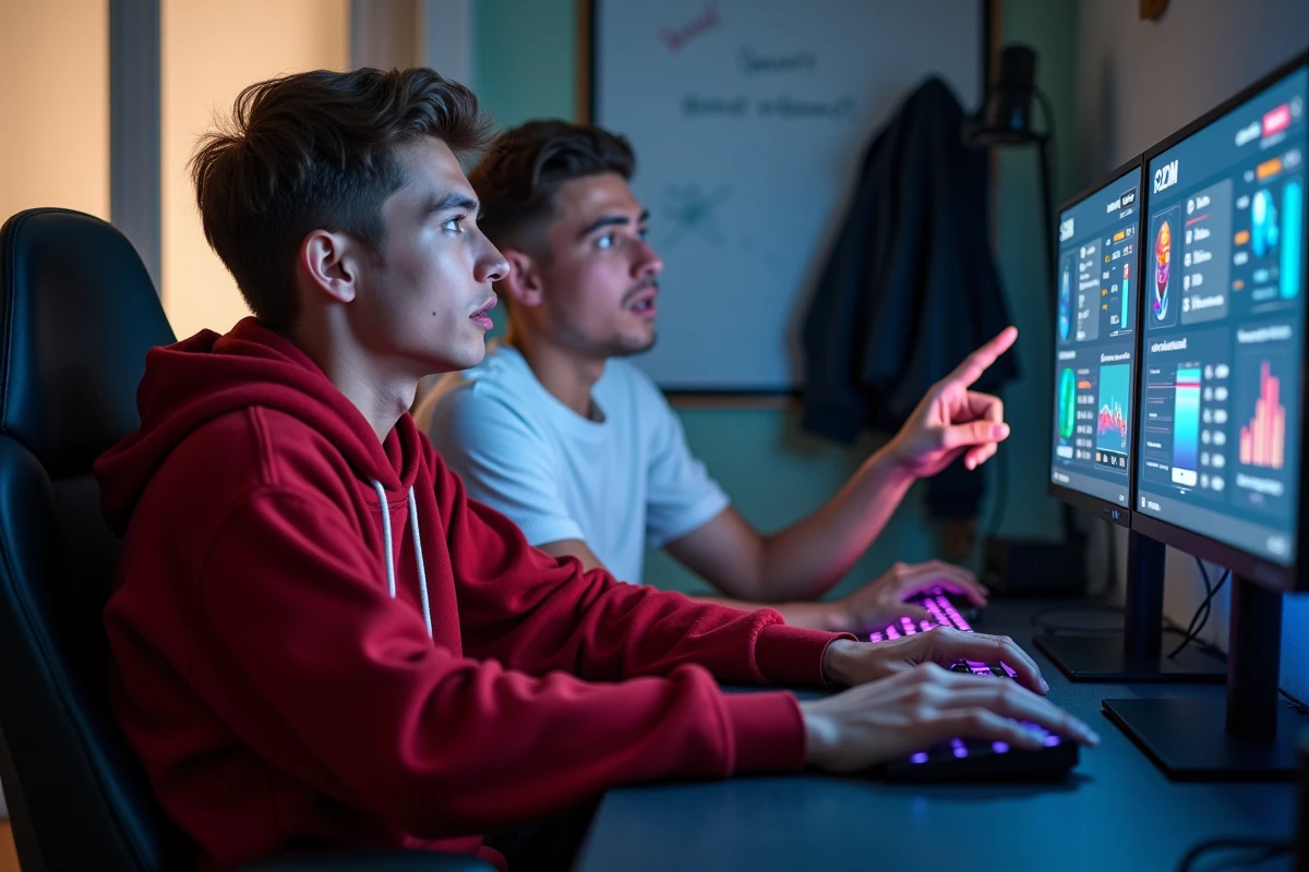Deux amis &eacute;tudiants d&eacute;couvrant avec stupeur le nombre d'heures pass&eacute;es sur League of Legends affich&eacute; sur un &eacute;cran de statistiques, symbolisant la prise de conscience du temps gaspill&eacute;