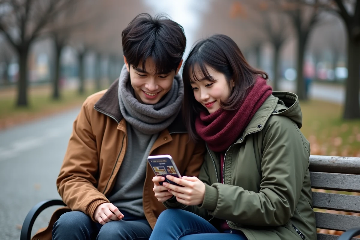 Deux amis d&eacute;couvrant ensemble une application de lecture de manga sur smartphone dans un parc en automne