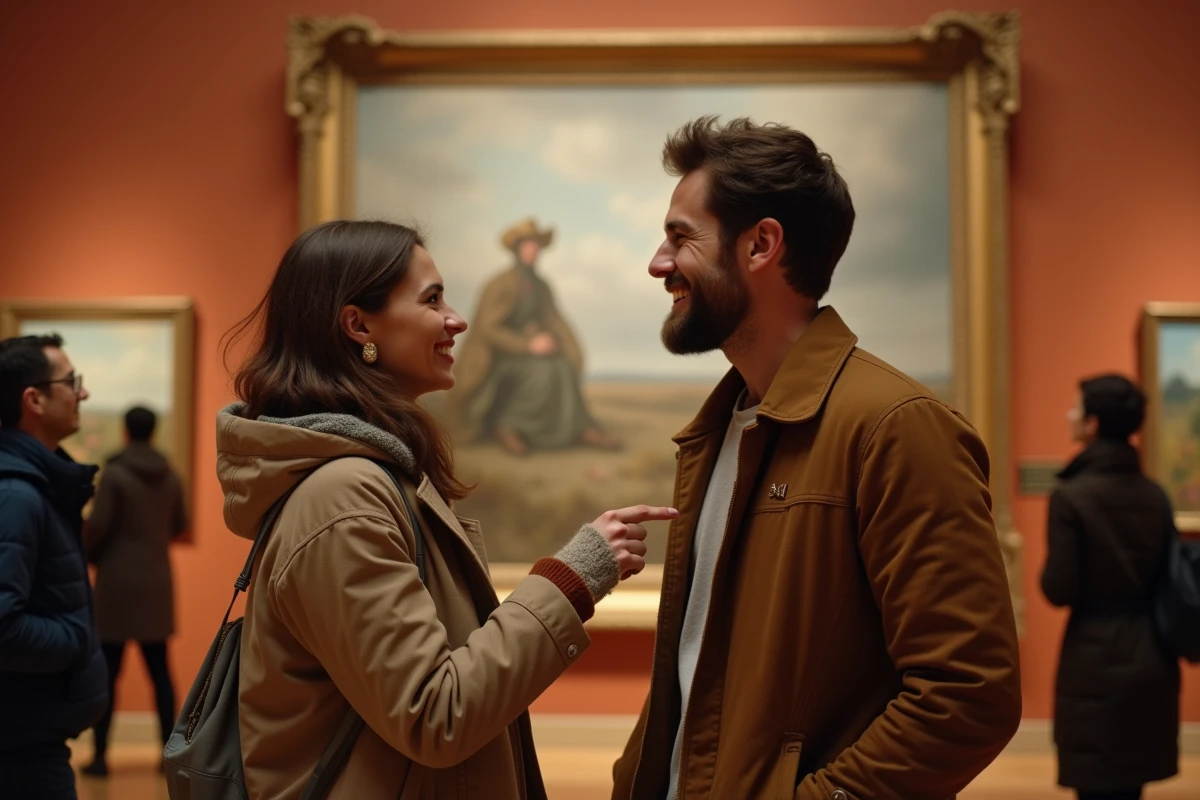 Deux amis d&eacute;couvrant un tableau impressionniste dans un mus&eacute;e gr&acirc;ce &agrave; une liste de peintres c&eacute;l&egrave;bres