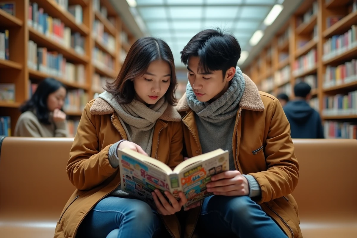 Deux amis discutant de l'ordre de lecture et des chapitres sp&eacute;ciaux du manhwa Jinx dans une biblioth&egrave;que publique