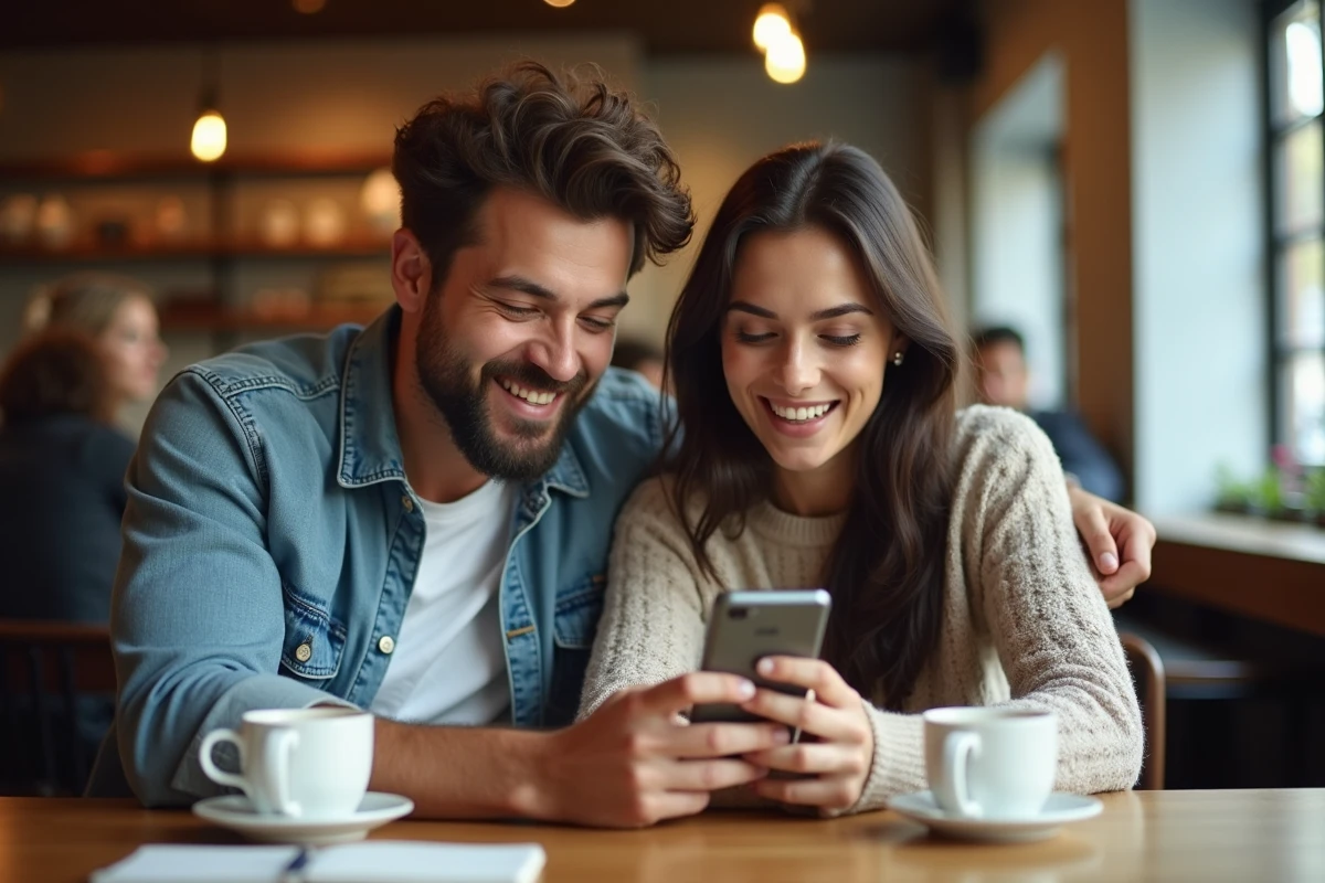 Deux amis regardant ensemble un jeu mobile sur smartphone dans un café animé