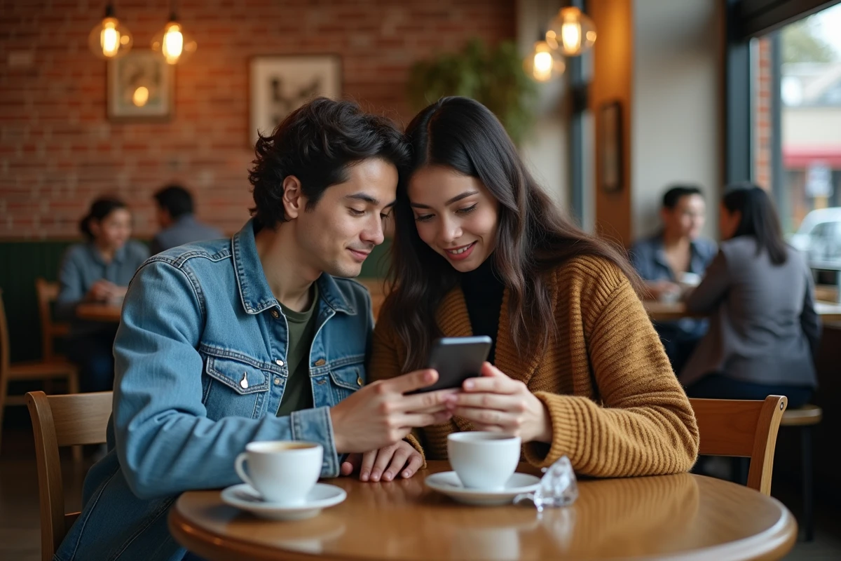 Deux amis partageant un smartphone pour lire un scan One Piece ensemble dans un caf&eacute; urbain