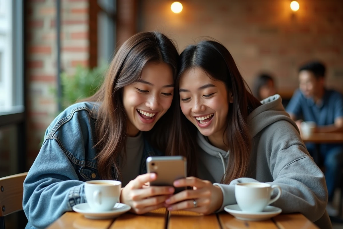 Deux amis lisant ensemble un chapitre scan de One Piece sur un smartphone dans un caf&eacute; ambiance urbaine