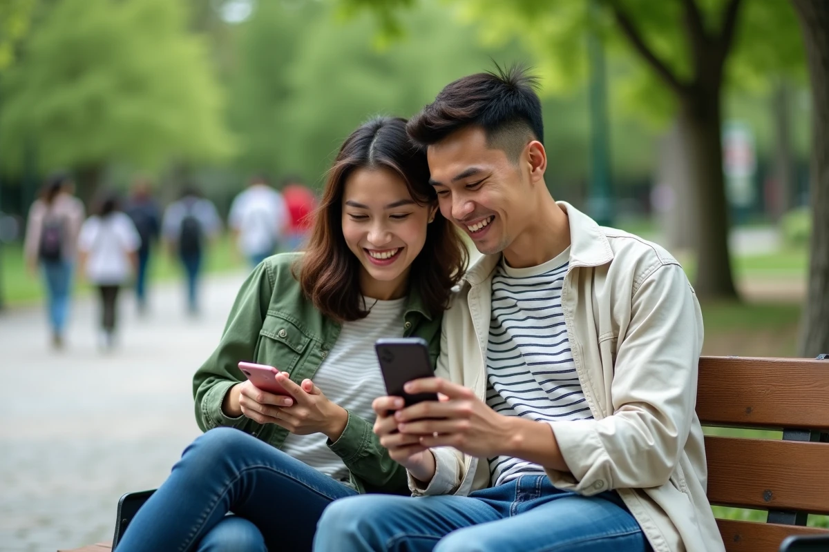 Deux amis lisant un scan One Piece sur smartphone assis sur un banc dans un parc urbain