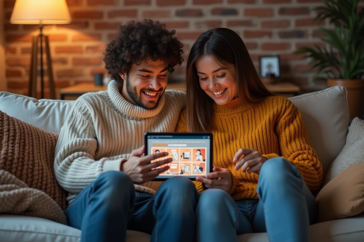 Deux amis lisant ensemble un webtoon cor&eacute;en sur tablette dans un appartement moderne