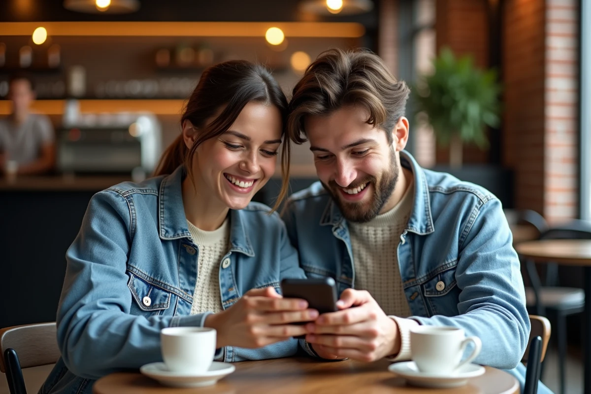 Deux amis partageant un lien Coin Master gratuit dans un caf&eacute; pour avancer dans le jeu