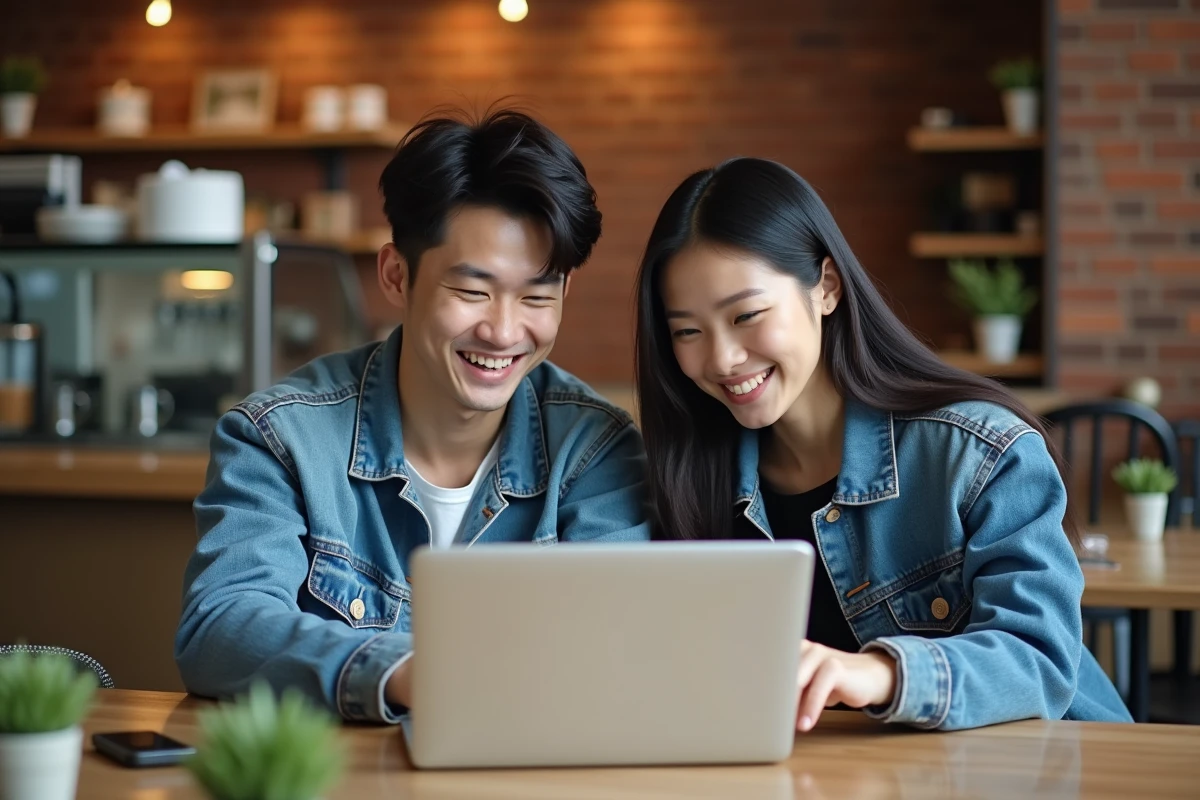 Deux amis consultant des chapitres de manhwa sur un ordinateur portable dans un caf&eacute; urbain