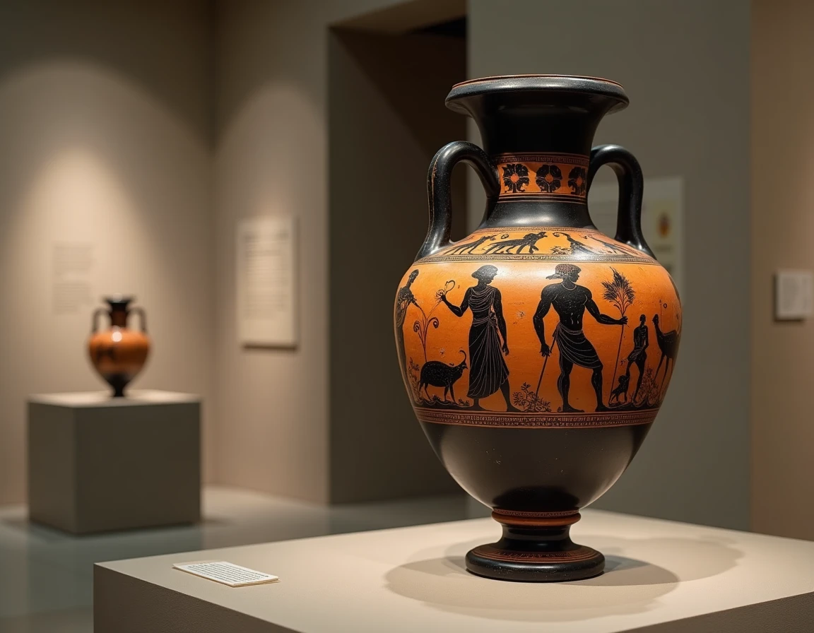 Amphore grecque &agrave; figures noires repr&eacute;sentant Triton et les N&eacute;r&eacute;ides, divinit&eacute;s marines, expos&eacute;e dans une alc&ocirc;ve de mus&eacute;e minimaliste