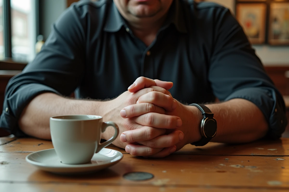 Gros plan sur les mains gigantesques d'un homme de grande taille pos&eacute;es sur une table en bois &agrave; c&ocirc;t&eacute; d'une tasse de caf&eacute; ordinaire, illustrant l'&eacute;chelle corporelle exceptionnelle d'Andr&eacute; le G&eacute;ant