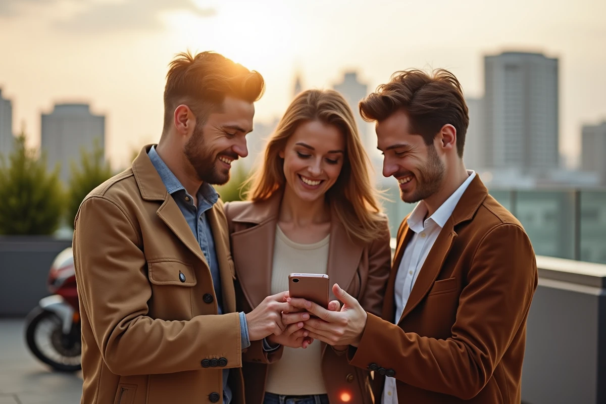 Groupe d'amis consultant un classement des anniversaires de c&eacute;l&eacute;brit&eacute;s sur smartphone depuis une terrasse urbaine