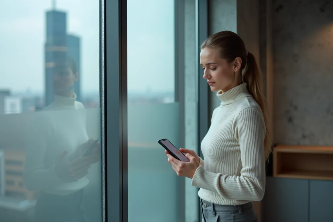 Personne tenant un smartphone avec une application de confidentialité dans un appartement moderne, symbolisant la discrétion et la protection des données personnelles