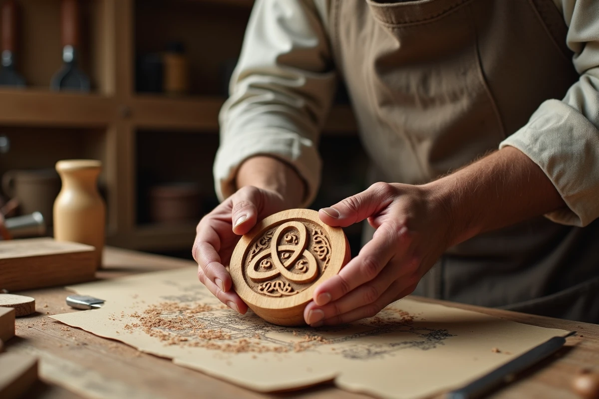 Artisan tenant un pendentif triskel en bois sculpté au-dessus d'un établi d'atelier