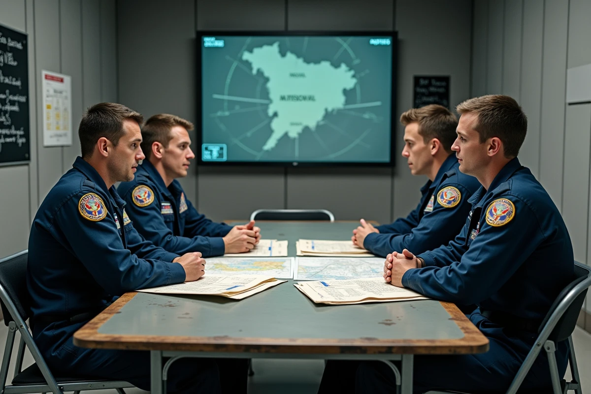 Groupe d'aviateurs militaires en combinaisons de vol discutant autour d'une table de briefing avec des cartes aéronautiques