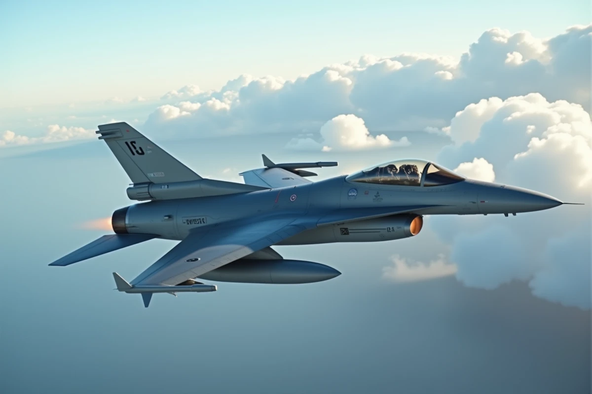 Avion de chasse militaire en virage serré au-dessus de l'océan Pacifique avec nuages cumulus vus depuis un appareil de poursuite