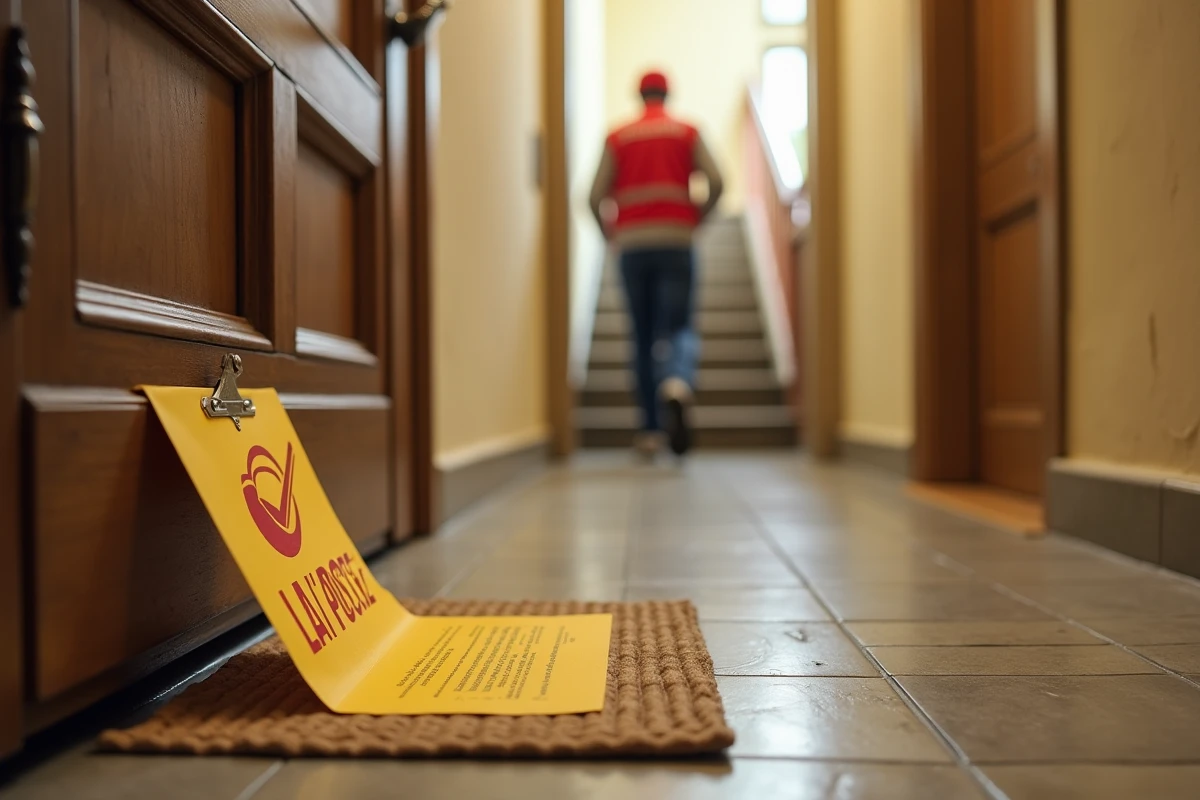 Avis de passage La Poste déposé devant une porte d'appartement avec facteur s'éloignant dans le couloir